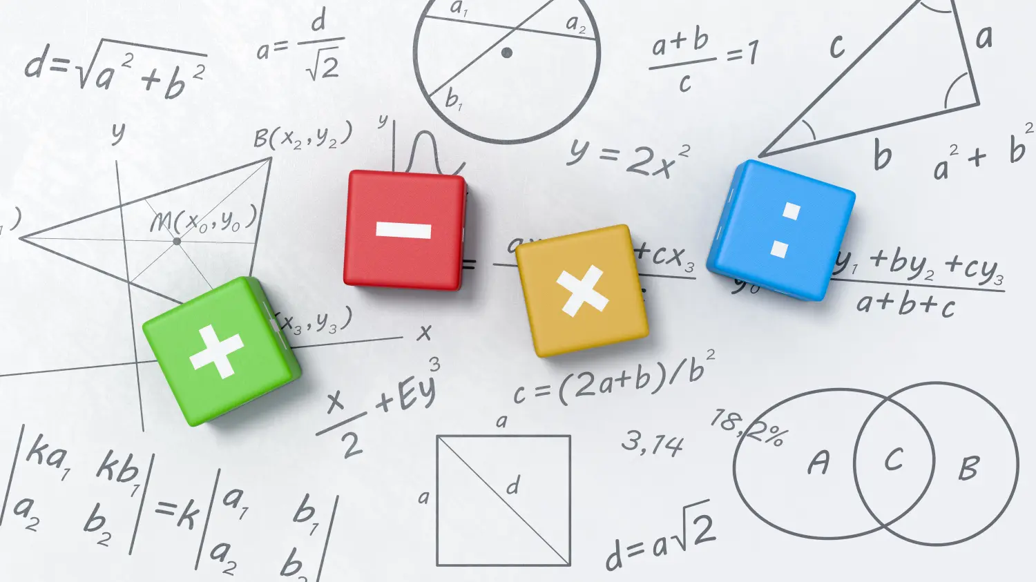 Mathe-Operatoren-Würfel auf Whiteboard mit Formeln, Diagrammen und Symbolen 